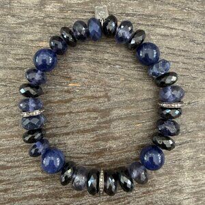 Blue Mix Gemstone Beaded Bracelet with Diamond Rondelles w/pouch